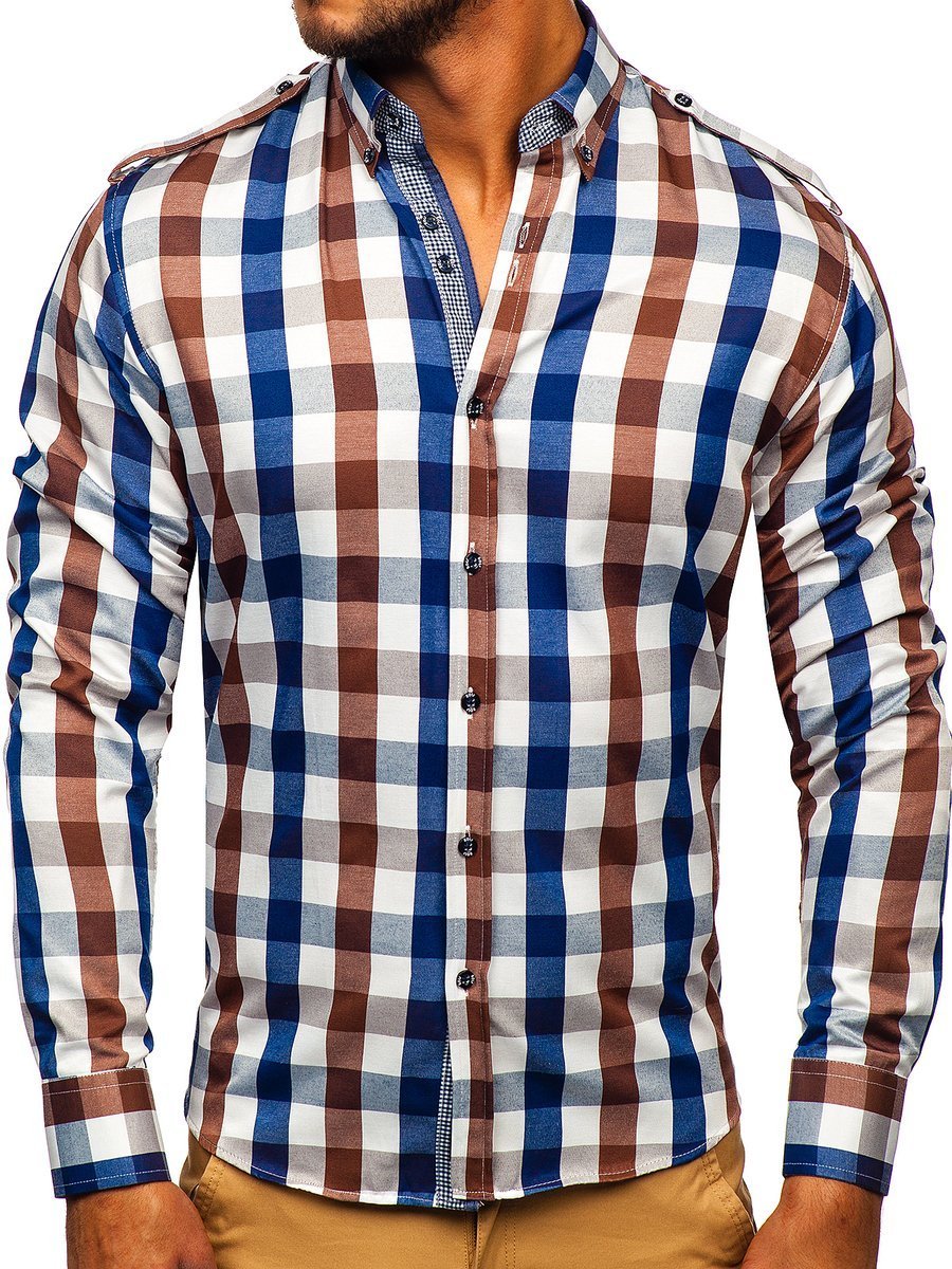 Camisa De Hombre A Cuadros Con Manga Larga Color Marr N Bolf Marr N