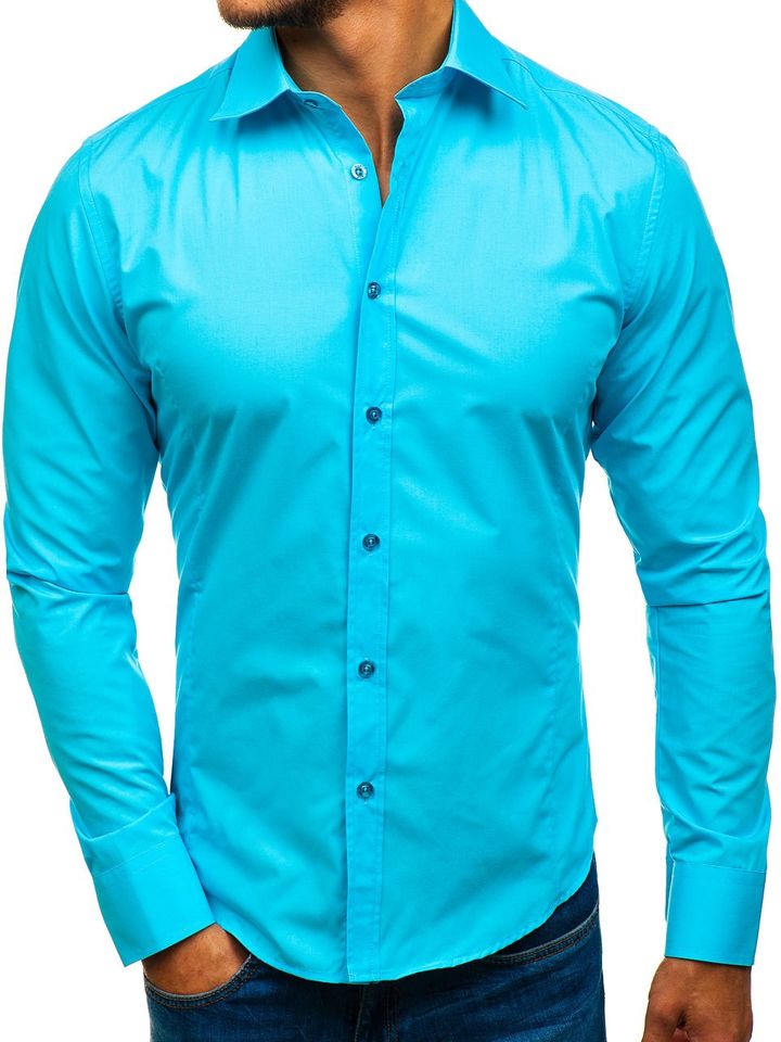 Camisa Elegante De Manga Larga Para Hombre Azul Claro Bolf Azul