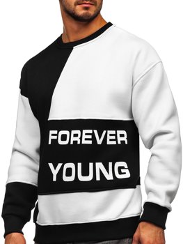 Sudadera con impresión Forever Young sin capucha para hombre color negro y blanco Bolf 0003