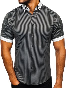 Camisa a rayas con manga corta para hombre negra Bolf 1808