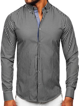 Camisa a rayas de manga larga para hombre Negro Bolf 22730