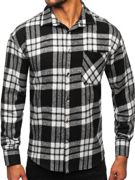 Camisa de franela a cuadros de manga larga para hombre blanco y negro Bolf 2025-3