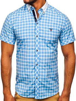 Camisa elegante de cuadros para hombre con manga corta azul Bolf 5531