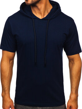 Camiseta algodón de manga corta con capucha sin impresión para hombre azul oscuro Bolf 14513