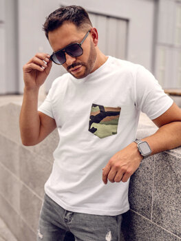 Camiseta algodón de manga corta con impresión y bolsillo camuflaje para hombre blanco Bolf 14507A