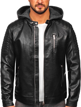 Chaqueta biker de cuero con capucha para hombre negro Bolf 11Z8018