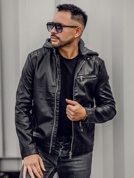 Chaqueta biker de cuero con capucha para hombre negro Bolf 11Z8022