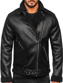 Chaqueta de cuero negra para hombre con abrigo de piel de oveja Bolf 11Z8006