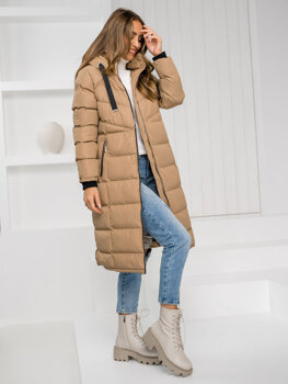 Chaqueta larga acolchada de invierno con capucha abrigo para mujer camel Bolf 5M736