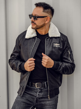 Chaqueta piloto de cuero para hombre negro Bolf EX837A