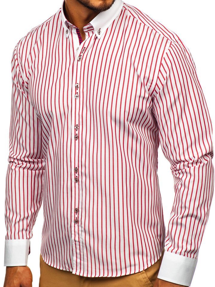 Camiseta de rayas rojas de manga larga de hombre - Qooqer