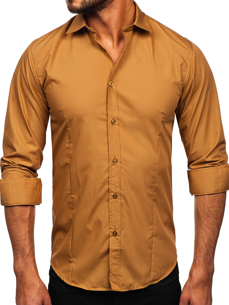 Camisa elegante de manga para hombre marrón claro 1703 MARRÓN CLARO