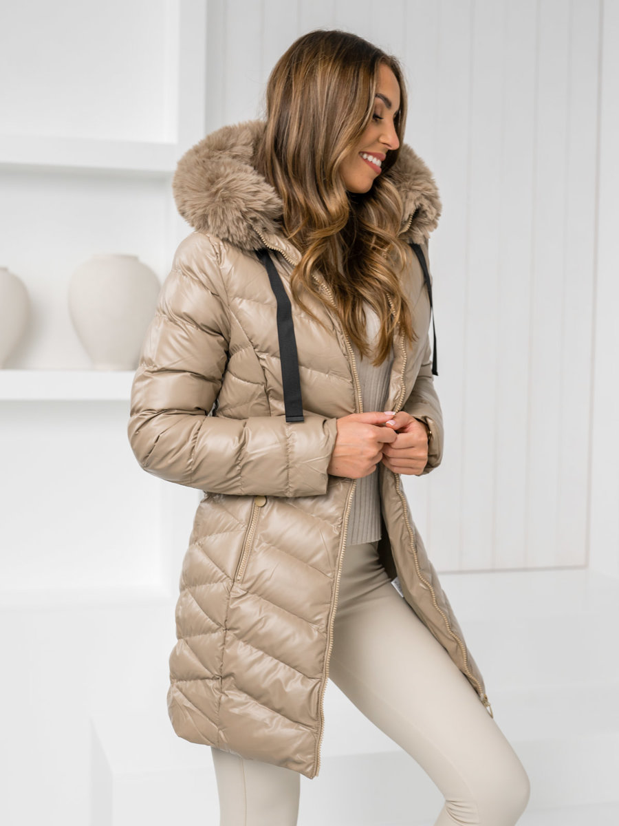 Chaqueta larga acolchada abrigo de invierno con capucha para mujer beige  Bolf 5M3156 BEIGE