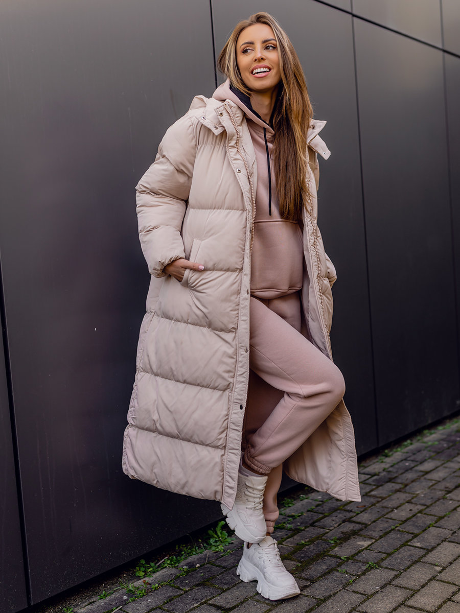 Chaqueta acolchada larga con capucha abrigo de invierno para mujer beige  Bolf R6702A BEIGE