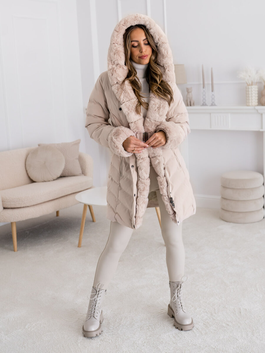 Chaqueta larga acolchada abrigo de invierno con capucha para mujer beige  Bolf 5M3156