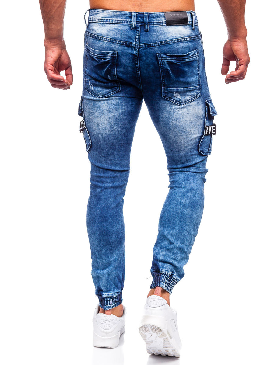 Vaqueros para hombre con bolsillos laterales Cargo Stretch Denim Pantalones  Multi-Bolsillo Masculino Relaxed Joggers Azul