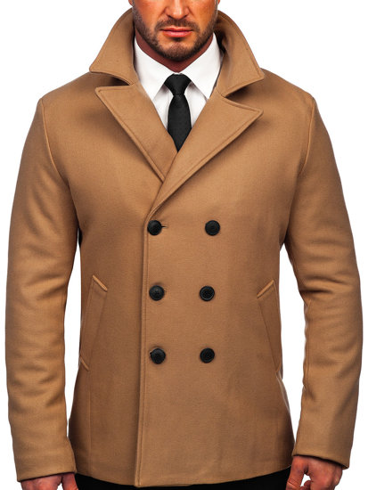 Abrigo de invierno cruzado camel para hombre con cuello alto Bolf 8801