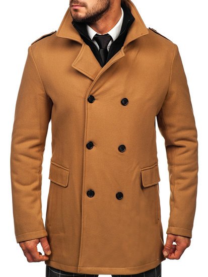 Abrigo de invierno cruzado camel para hombre con cuello alto extraíble adicional Bolf 8805