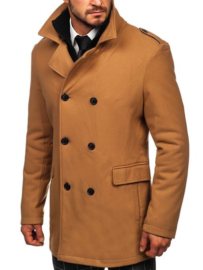 Abrigo de invierno cruzado camel para hombre con cuello alto extraíble adicional Bolf 8805