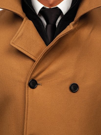 Abrigo de invierno cruzado camel para hombre con cuello alto extraíble adicional Bolf 8805