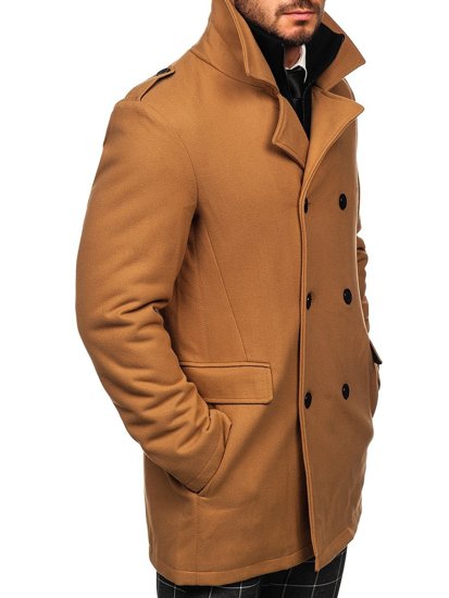 Abrigo de invierno cruzado camel para hombre con cuello alto extraíble adicional Bolf 8805