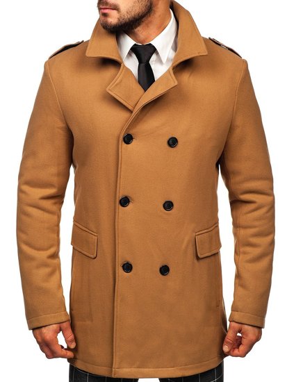 Abrigo de invierno cruzado camel para hombre con cuello alto extraíble adicional Bolf 8805