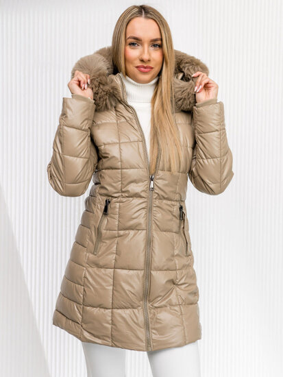 Abrigo de invierno largo acolchado para mujer beige con capucha Bolf 16M9120