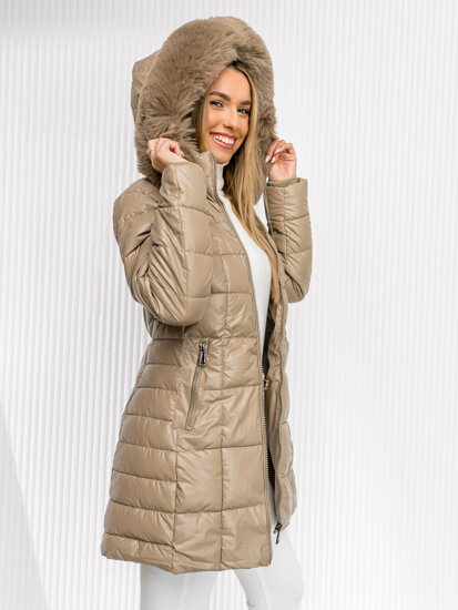 Abrigo de invierno largo acolchado para mujer beige con capucha Bolf 16M9120