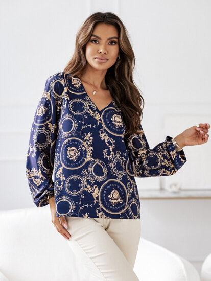 Blusa de manga larga con diseños para mujer azul oscuro Bolf 8207