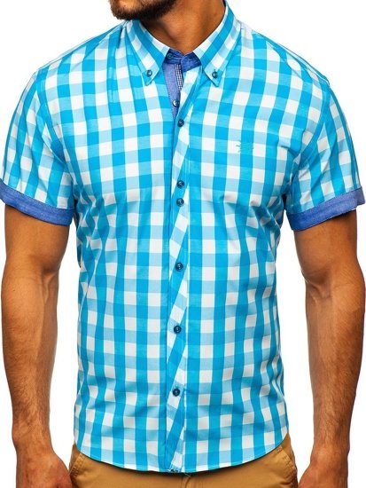 Camisa a cuadros de manga corta para hombre turquesa Bolf 6522