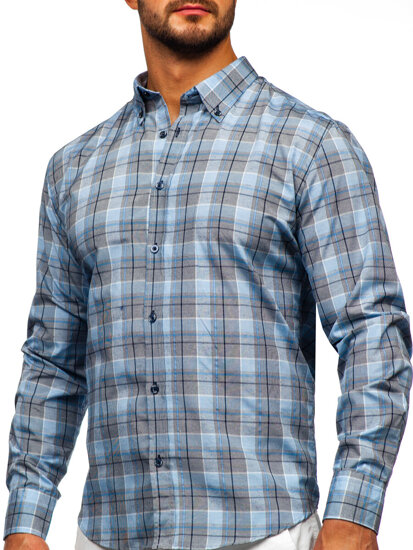 Camisa a cuadros de manga larga para hombre azul Bolf 22748