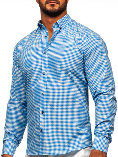 Camisa a cuadros de manga larga para hombre azul claro Bolf 22745