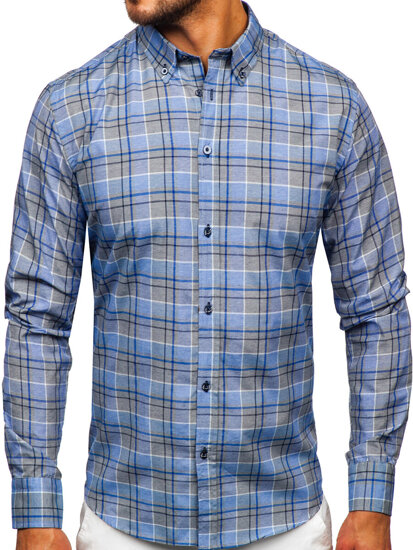 Camisa a cuadros de manga larga para hombre azul oscuro Bolf 22748