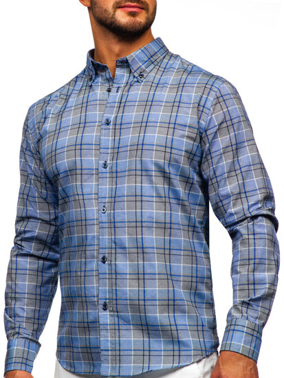 Camisa a cuadros de manga larga para hombre azul oscuro Bolf 22748