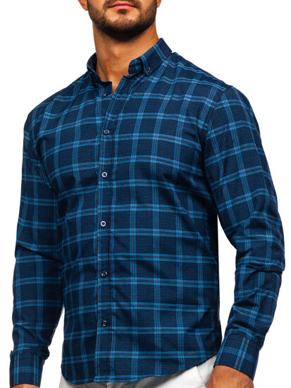 Camisa a cuadros de manga larga para hombre azul oscuro Bolf 22749