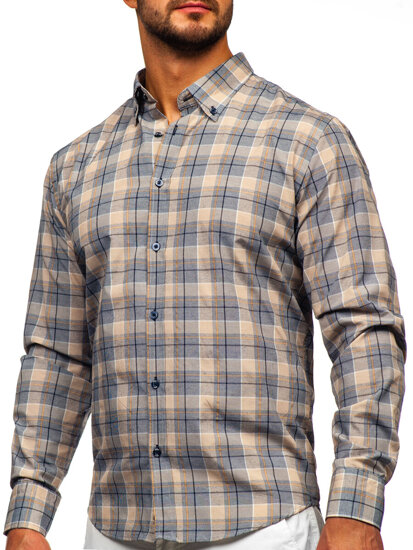 Camisa a cuadros de manga larga para hombre beige Bolf 22748