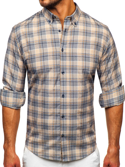 Camisa a cuadros de manga larga para hombre beige Bolf 22748