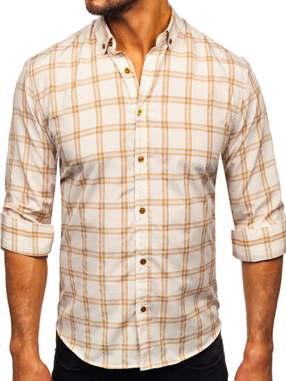 Camisa a cuadros de manga larga para hombre beige Bolf 22749