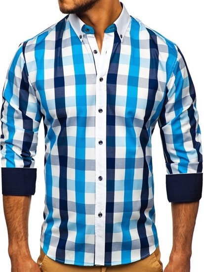 Camisa a cuadros de manga larga para hombre turquesa Bolf 9718