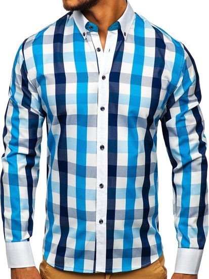 Camisa a cuadros de manga larga para hombre turquesa Bolf 9718