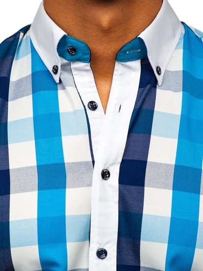 Camisa a cuadros de manga larga para hombre turquesa Bolf 9718