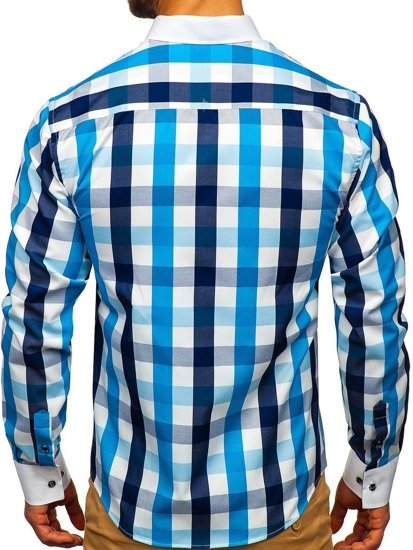 Camisa a cuadros de manga larga para hombre turquesa Bolf 9718