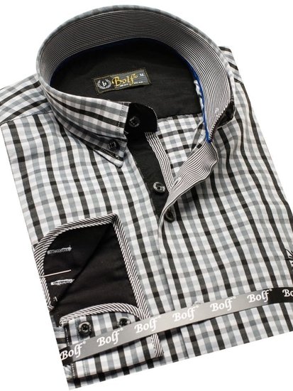 Camisa a cuadros vichy de mana larga para hombre negra Bolf 4712