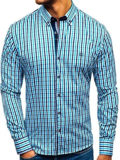 Camisa a cuadros vichy de mana larga para hombre turquesa Bolf 4712