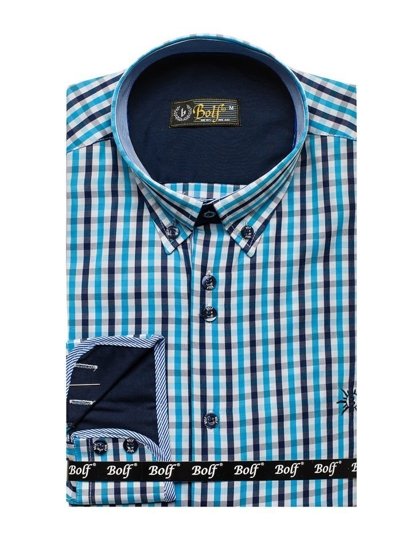 Camisa a cuadros vichy de mana larga para hombre turquesa Bolf 4712