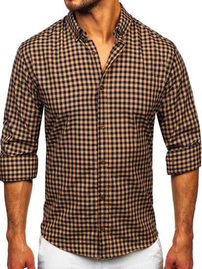 Camisa a cuadros vichy de manga larga para hombre marrón Bolf 22747