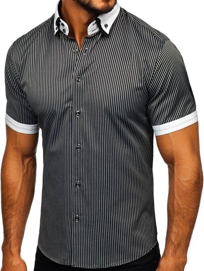 Camisa a rayas con manga corta para hombre negra Bolf 1808