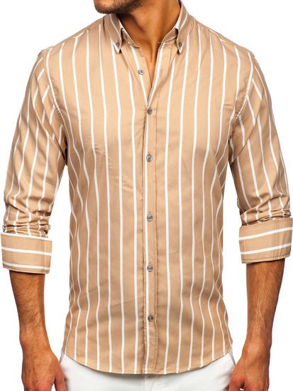 Camisa a rayas con manga larga para hombre color beige Bolf 20730