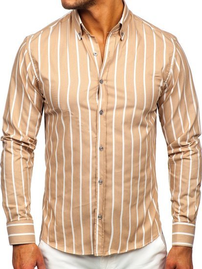 Camisa a rayas con manga larga para hombre color beige Bolf 20730