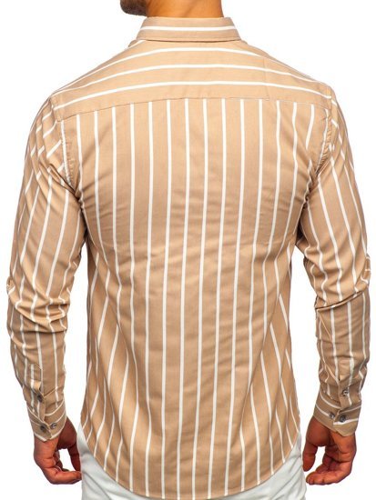 Camisa a rayas con manga larga para hombre color beige Bolf 20730